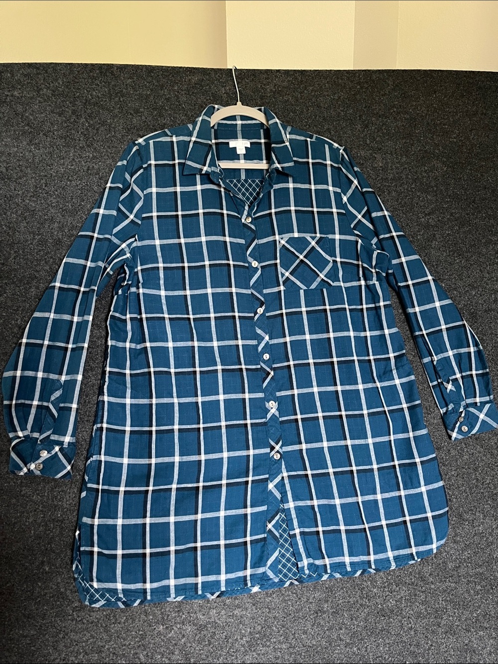 J. Jill Blue, Black and White Plaid Button-Down Tunic Shirt with Pockets